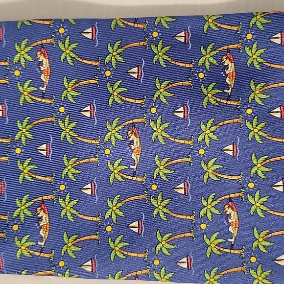 Salvatore Ferragamo 100% silk blue tropical palm tree vacation print neck tie - Picture 6 of 6